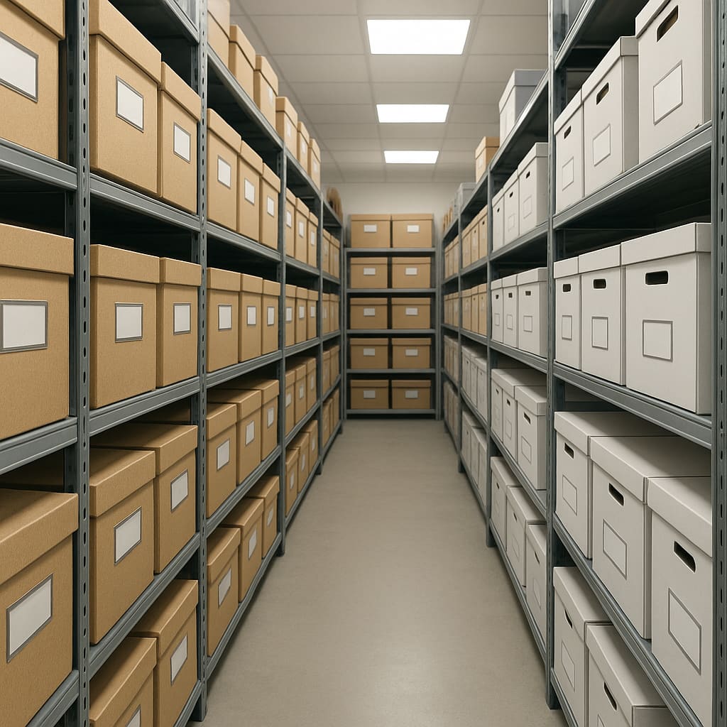 Geschäftliches Archivlager mit Regalen
